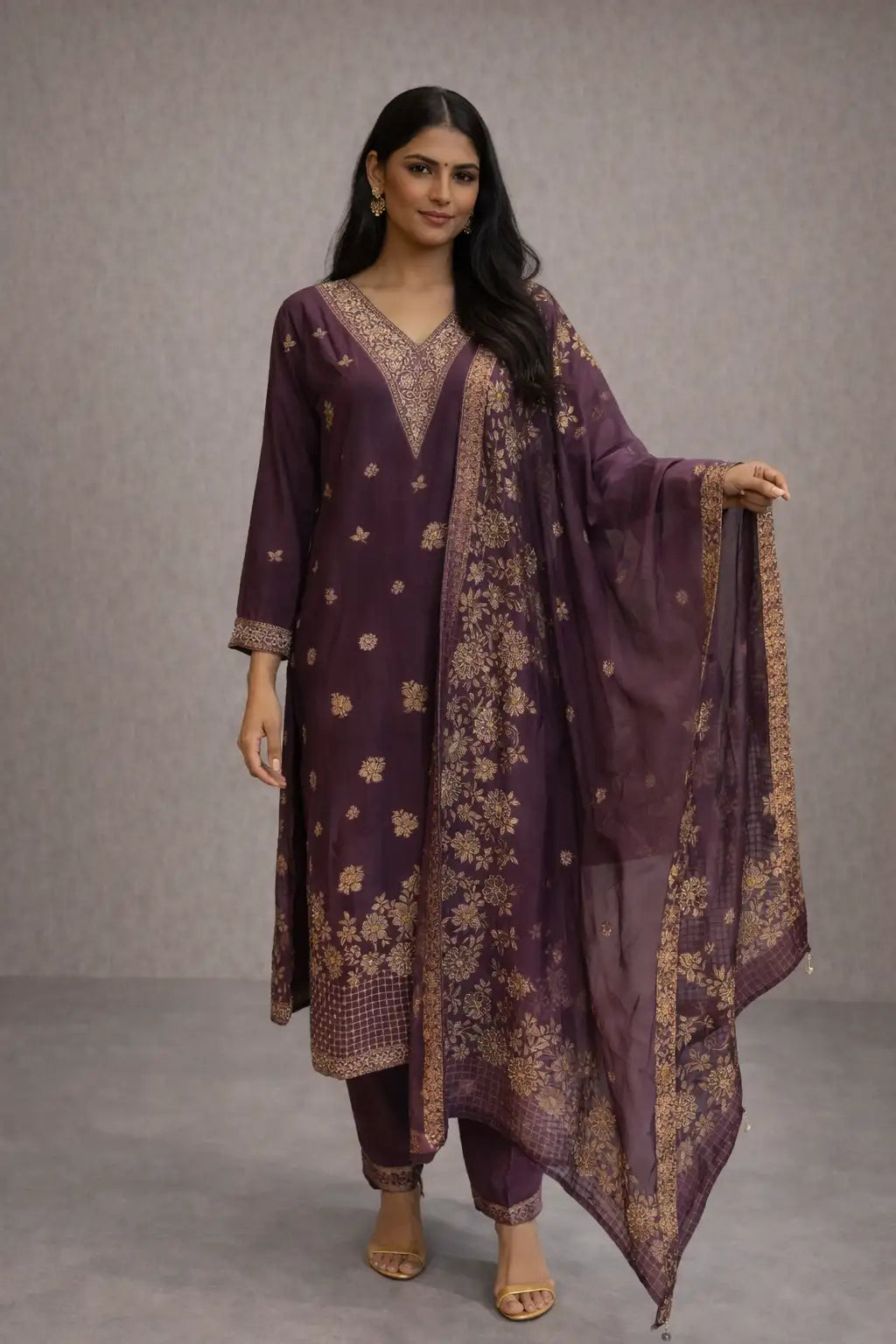 Wine Purple Floral Embroidered Kurta Set with Dupatta